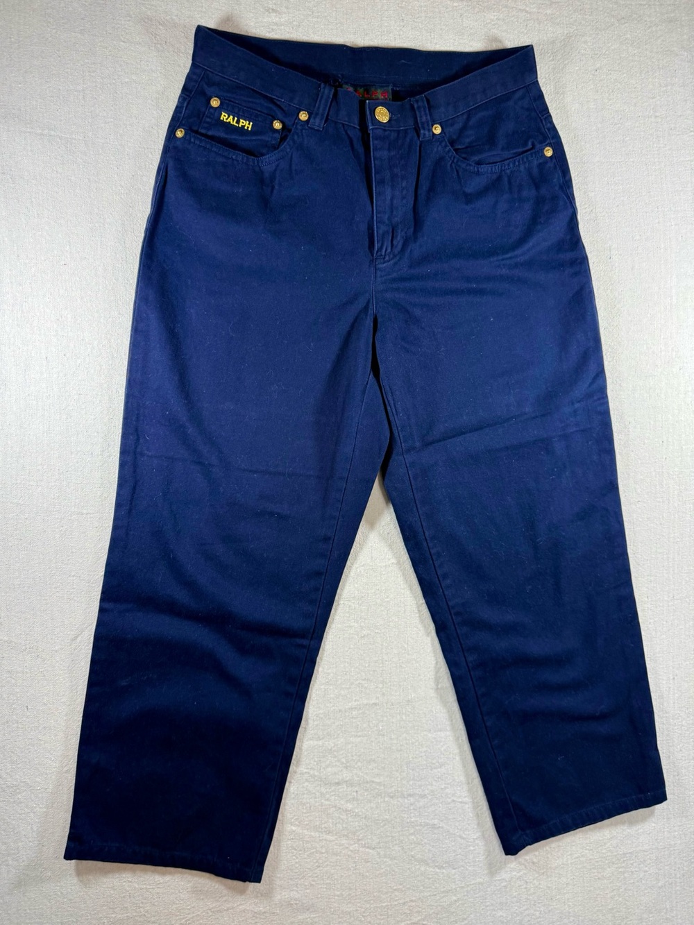 VTG 90s RALPH Ralph Lauren High Waisted Cropped Pants Navy Blue Gold Logo W SZ 6